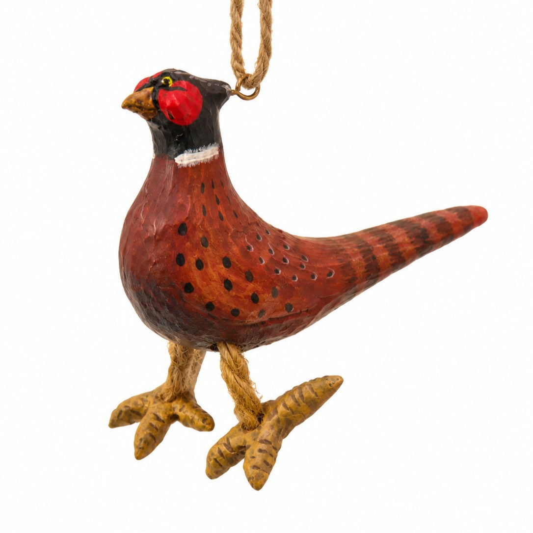 A handpainted pheasant bird ornament with a natural jute hanging loop, shown against a plain white background.
