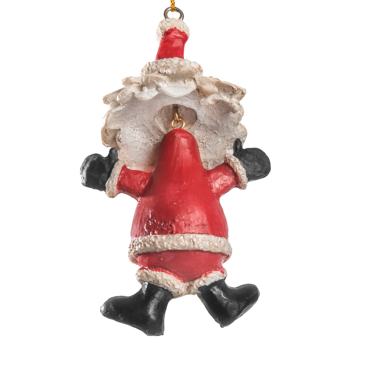 A handpainted Santa Claus hanging ornament with a textured red suit, white faux-fur trim, black boots and gloves, and a gold hanging loop, isolated on a white background.