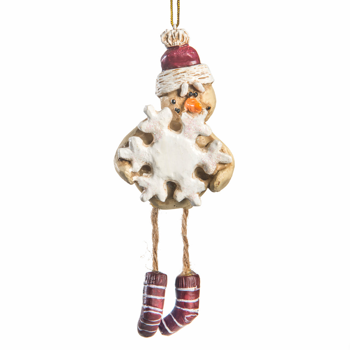 Snowman Christmas Ornament carrying a snowflake with dangling striped legs.