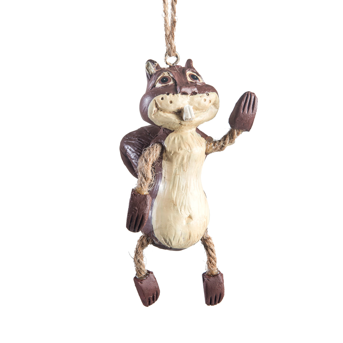 Hand painted squirrel Christmas ornament with dangly arms and legs.