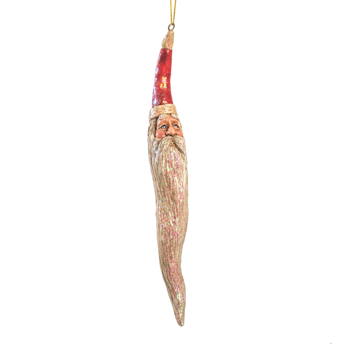 A hanging Santa Christmas ornament shaped like an icicle featuring a glittery body, a red pointed cap, and a detailed Santa face with a long glittery beard.