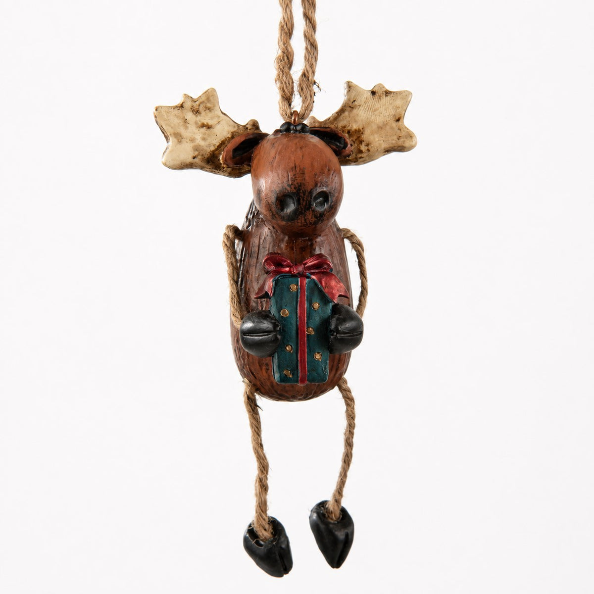 Moose Christmas Ornament with dangly arms and legs. Whimsical design by Bert Anderson