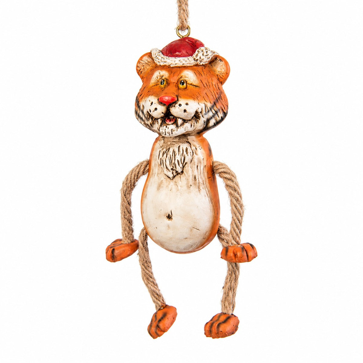 Bert Anderson tiger Christmas ornament wearing a Santa hat with dangly jute rope arms and legs on a white background.