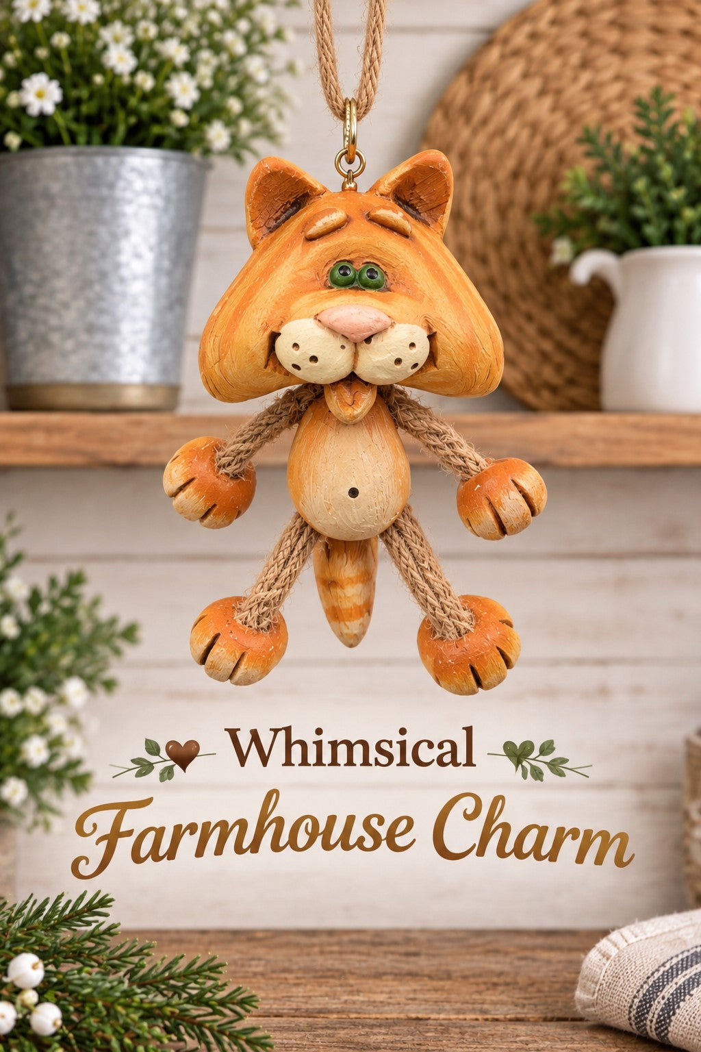 Bert Anderson orange tabby cat ornament with oversized head and dangling rope limbs displayed in a farmhouse setting with “Whimsical Farmhouse Charm” text.