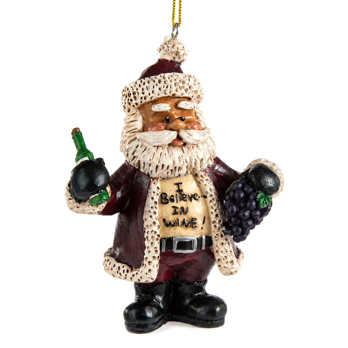 Bert Anderson “I Believe in Wine” Santa ornament holding a green wine bottle and cluster of purple grapes on a white background.