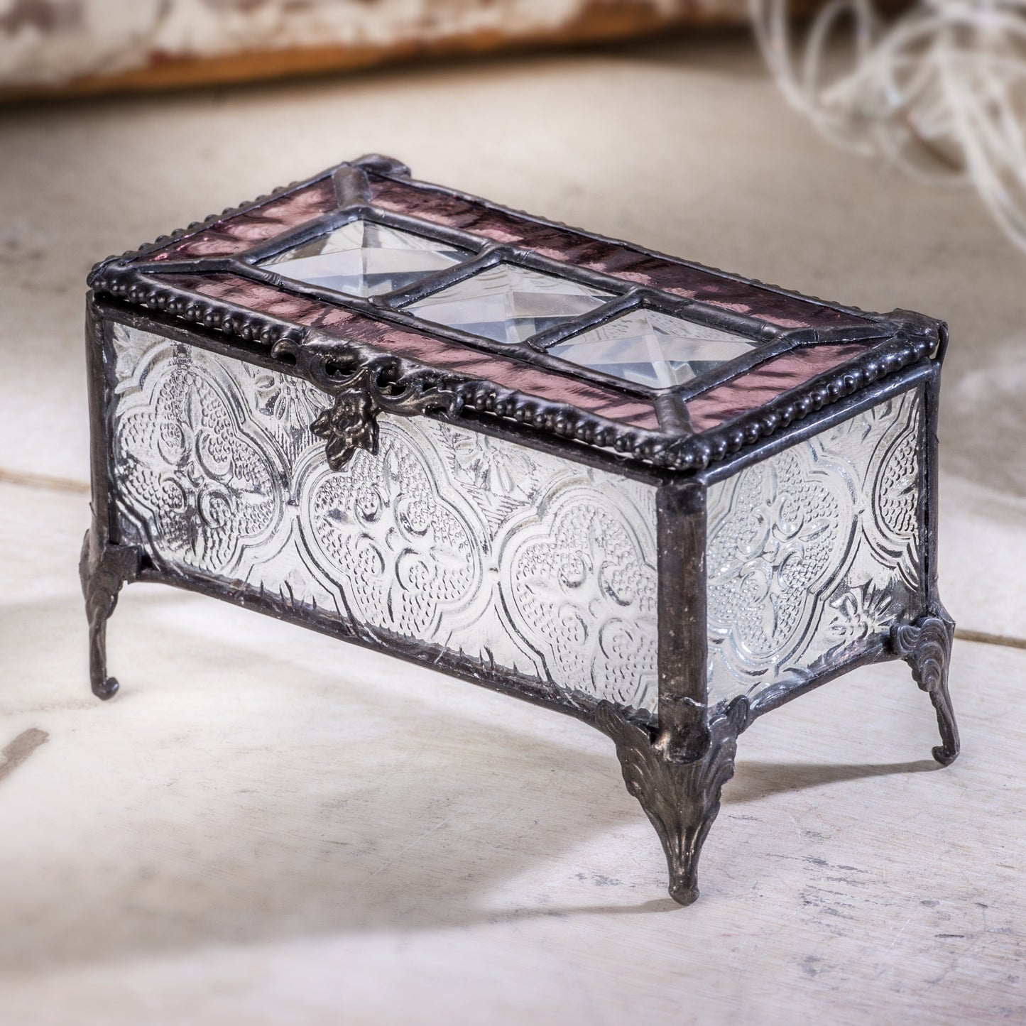Rose and Clear Vintage Stained Glass Box 514