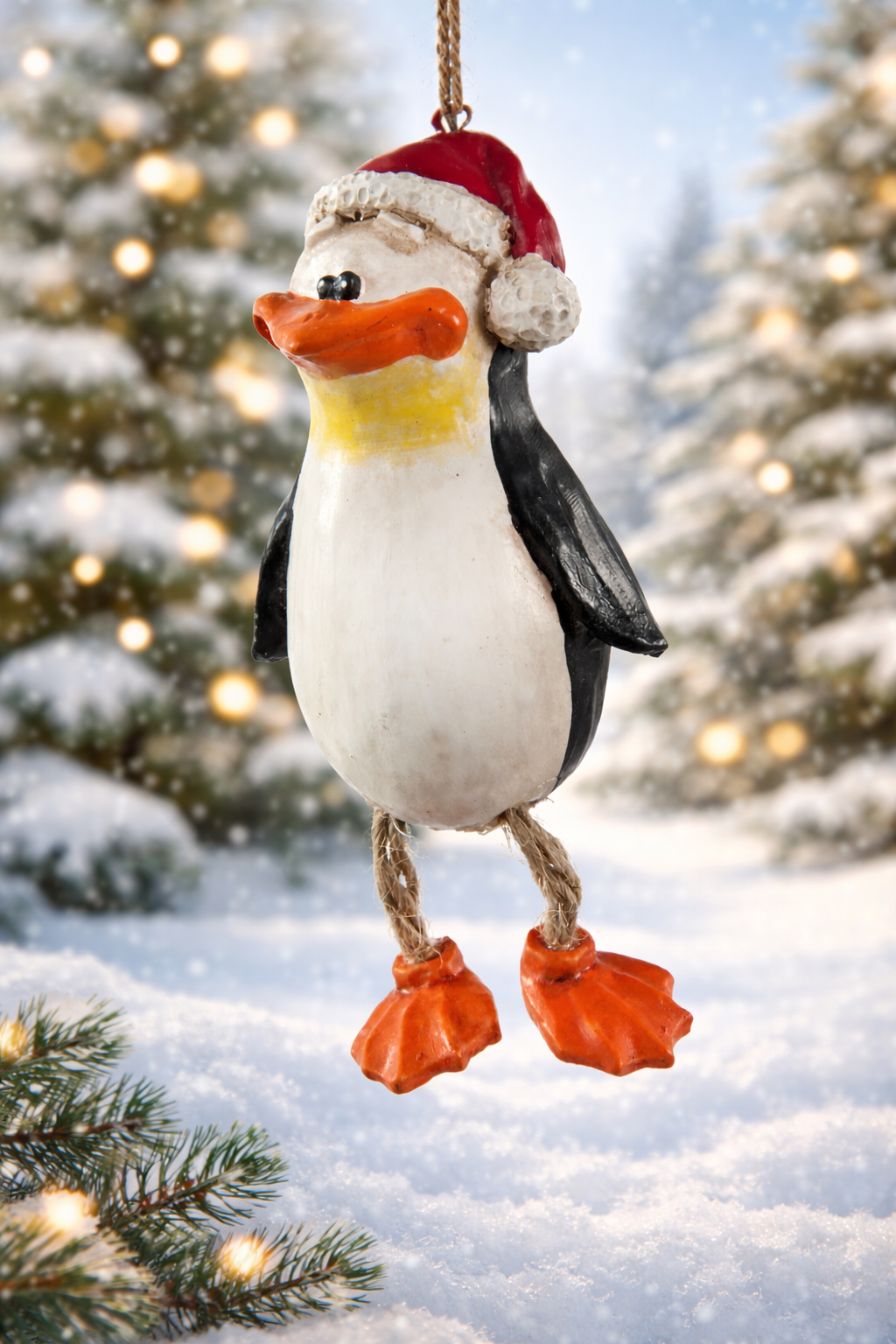 Penguin Christmas ornament with a Santa hat against a snowy background with trees.
