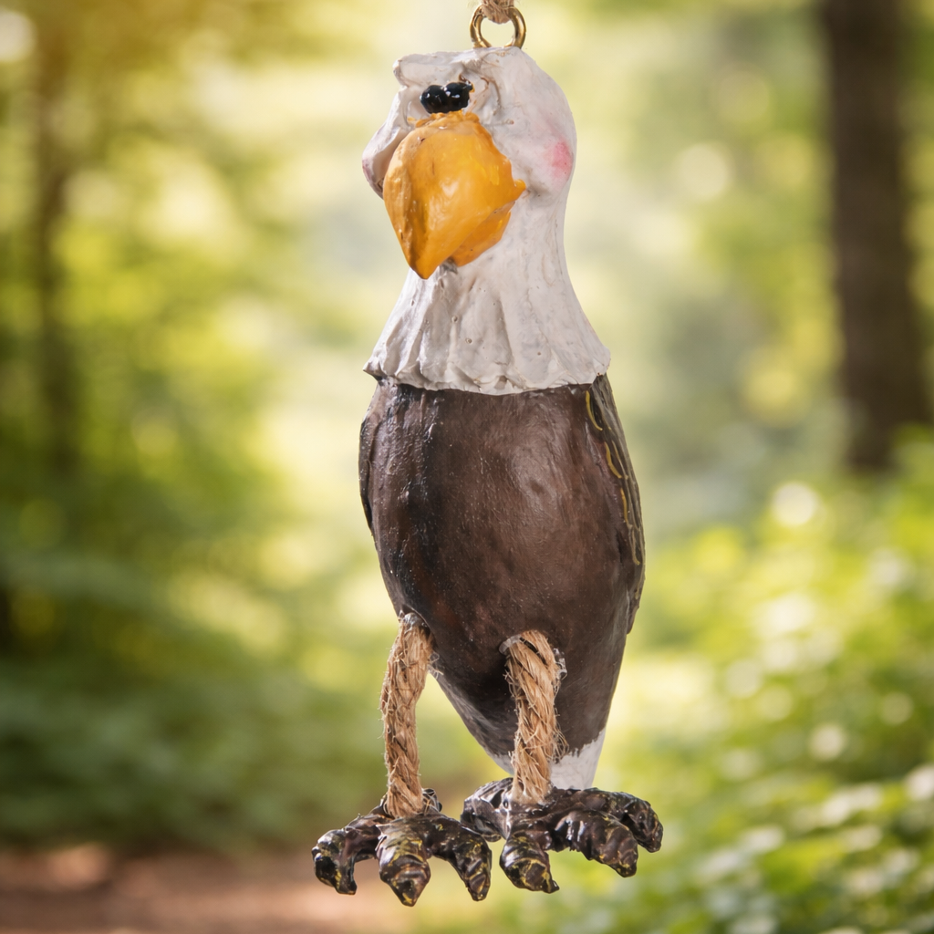 Bald eagle ornament with outdoor background.
