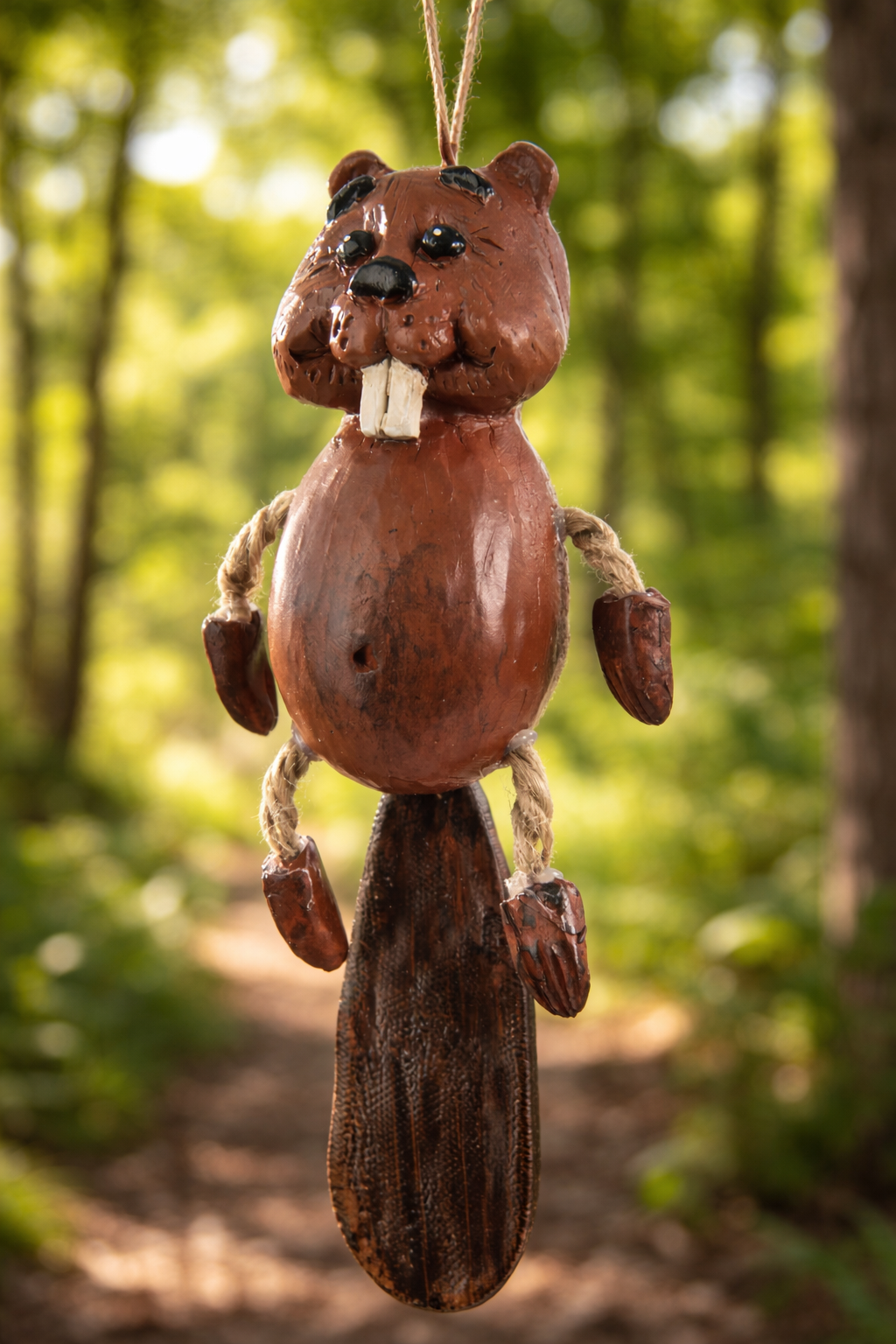 Wooden beaver ornament hanging against a forest background