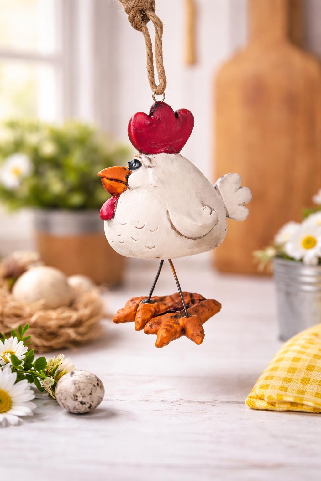Decorative hanging chicken ornament with a farmhouse home decor background.