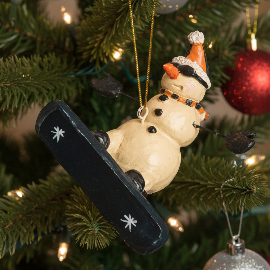 Snowboarding snowman hanging ornament. Winter home decor.