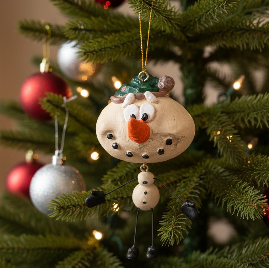 Snowman Ornament with Wire Legs - Green Hat - Bac 004
