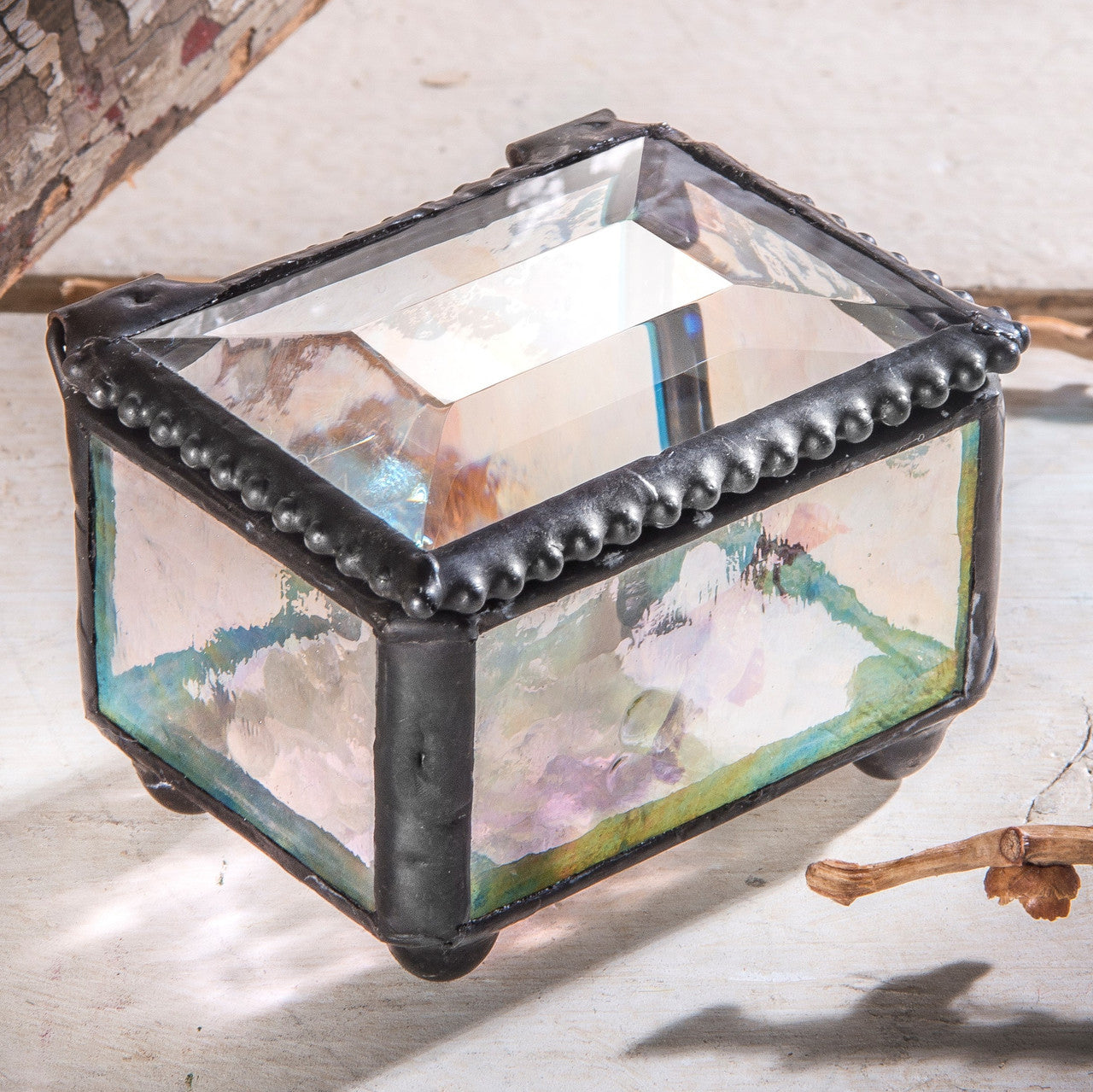 Small Clear Iridescent Glass Ring Box 325