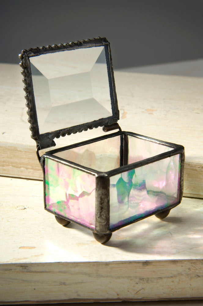 Small Clear Iridescent Glass Ring Box 325