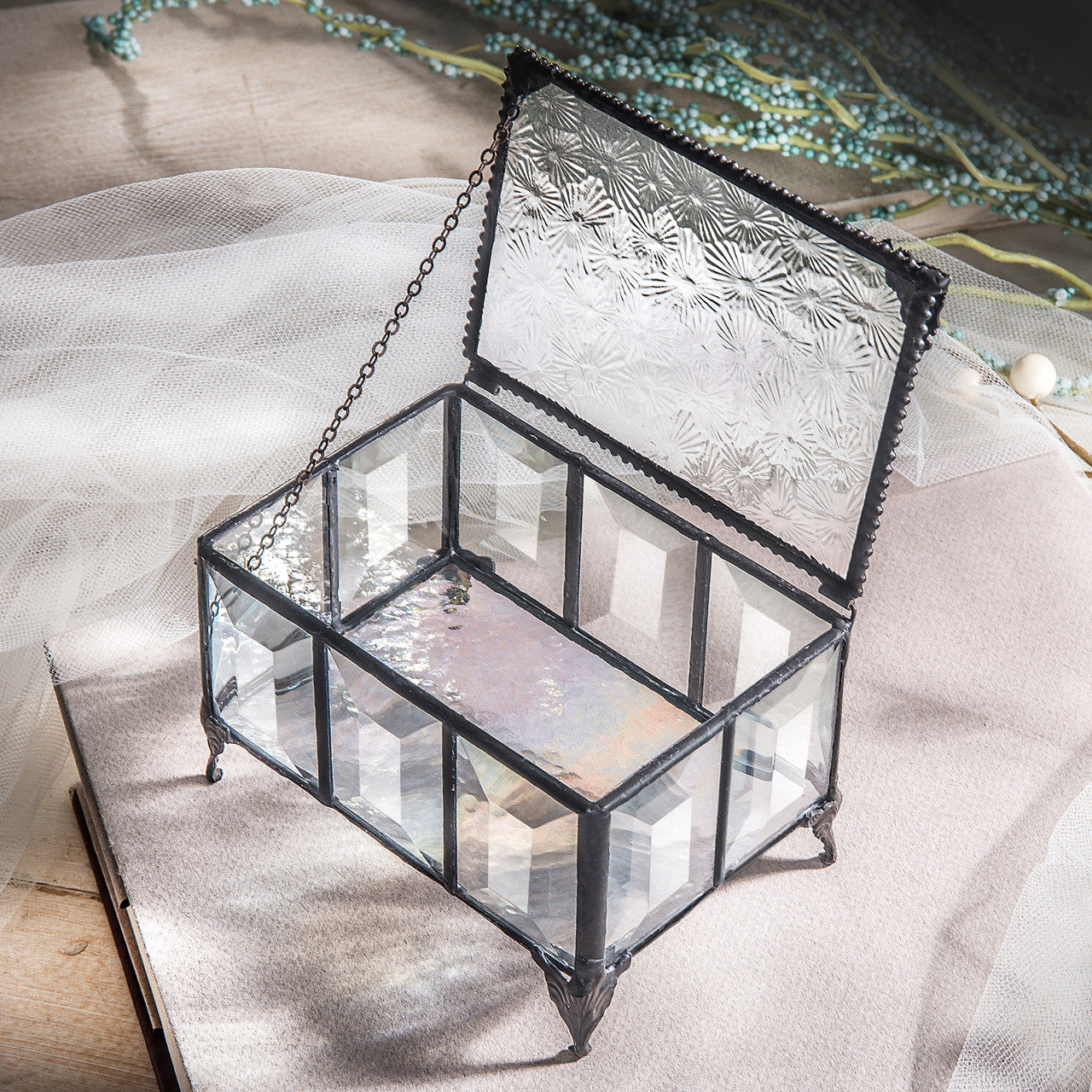 Bevels and Clear Textured Glass Jewelry Box 762