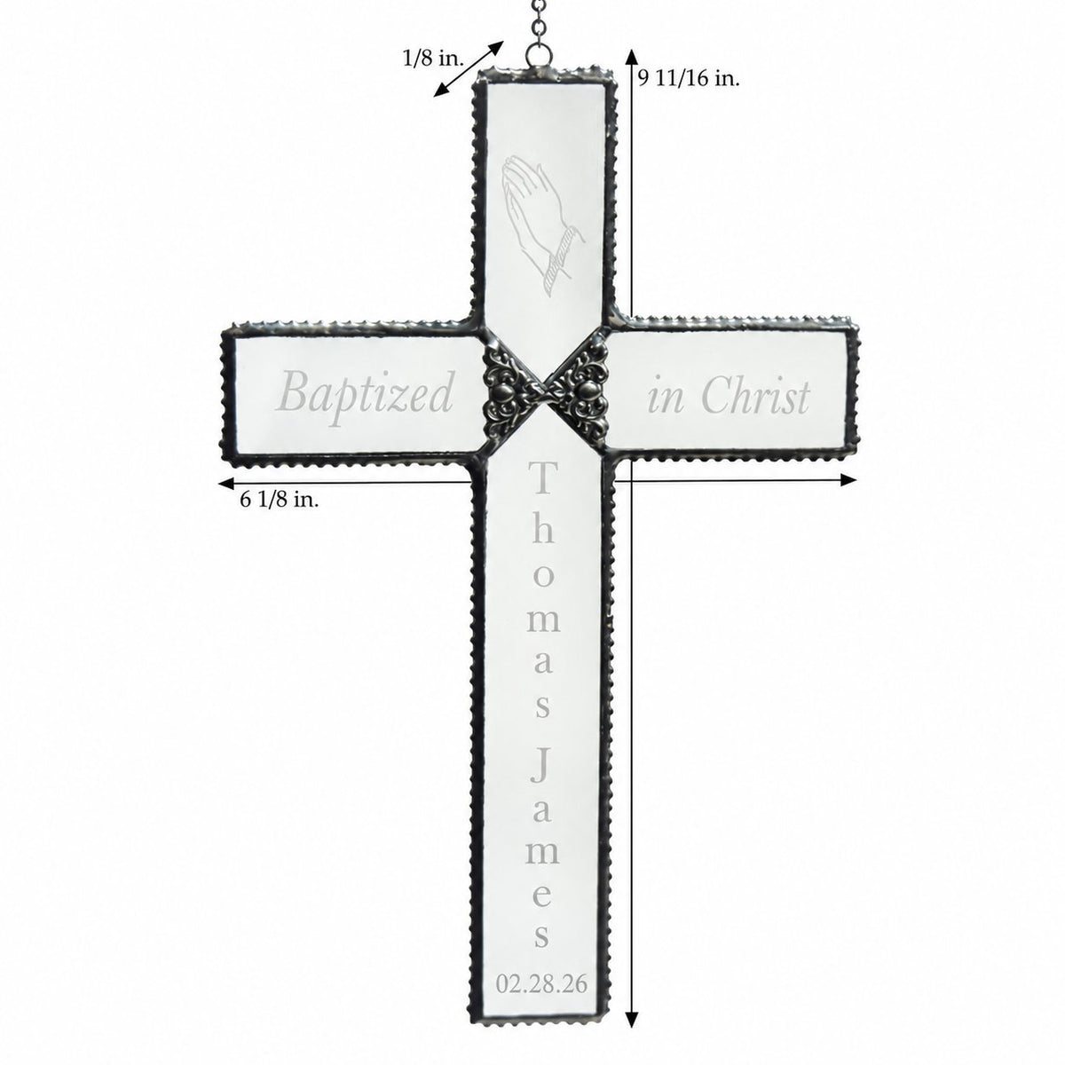Engraved clear glass baptism cross with dimensions: 9 11/16 inches tall, 6 1/8 inches wide, and 1/8 inch thick.