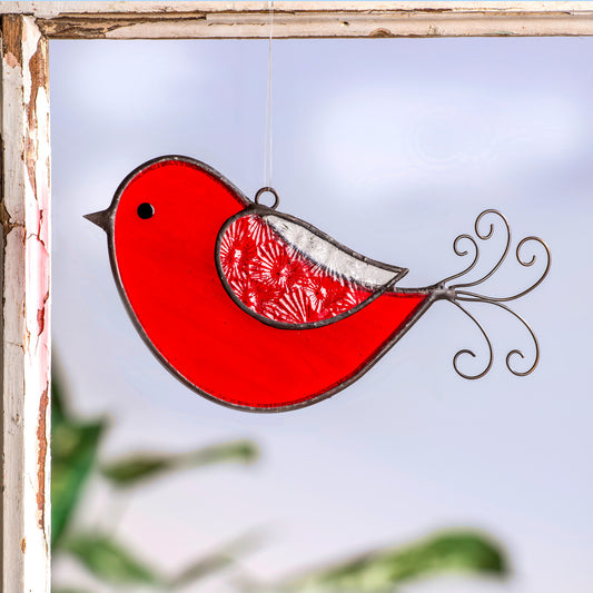 Red Stained Glass Bird Ornament | Orn 310