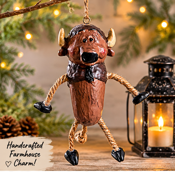 A hand painted Buffalo Ornament by artist Bert Anderson hanging from a Christmas tree branch.