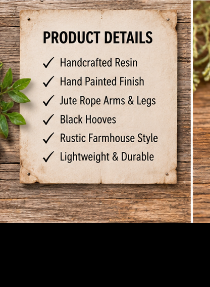 A product details of a buffalo ornament graphic showing a rustic parchment-style sign with a checklist of features, including handcrafted resin, hand-painted finish, jute rope arms and legs, black hooves, rustic farmhouse style, and lightweight & durable. The sign is displayed on a wooden background with a small green leaf on the left.