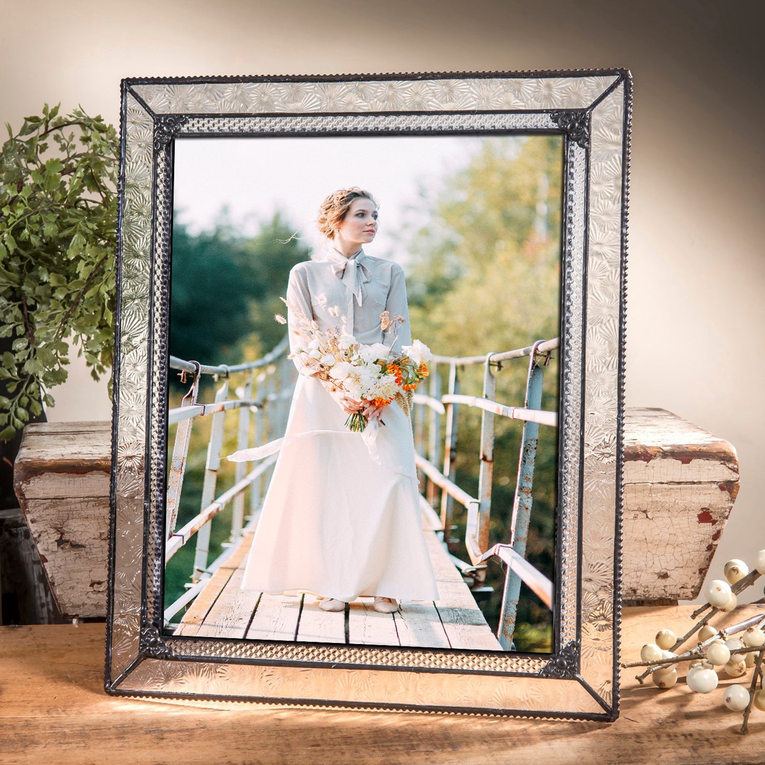 80s top Glass Wedding Picture Frame | 8x10 Glass Frame | Vintage Walther Glass | 80s Wedding Decor | Vintage Wedding Gift | 80s Wedding Decor