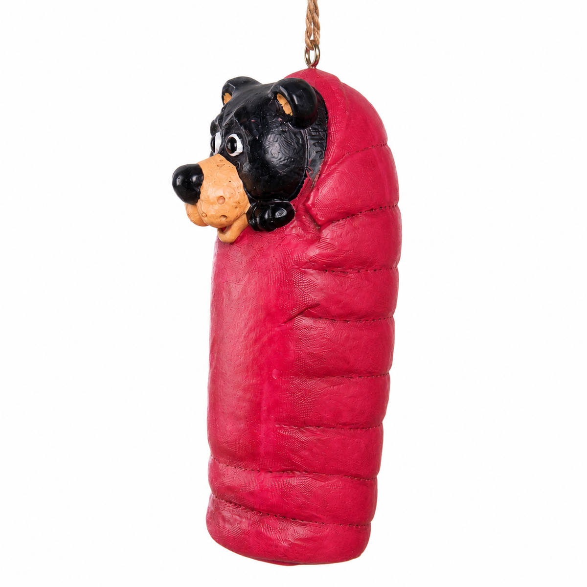 Hanging camping Bear Ornament in a red sleeping bag.