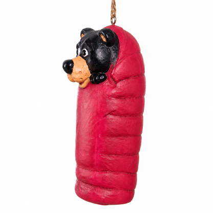 Hanging camping Bear Ornament in a red sleeping bag.