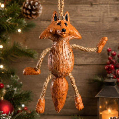 Fox ornament with dangly arms and legs.  Woodland Christmas decor.