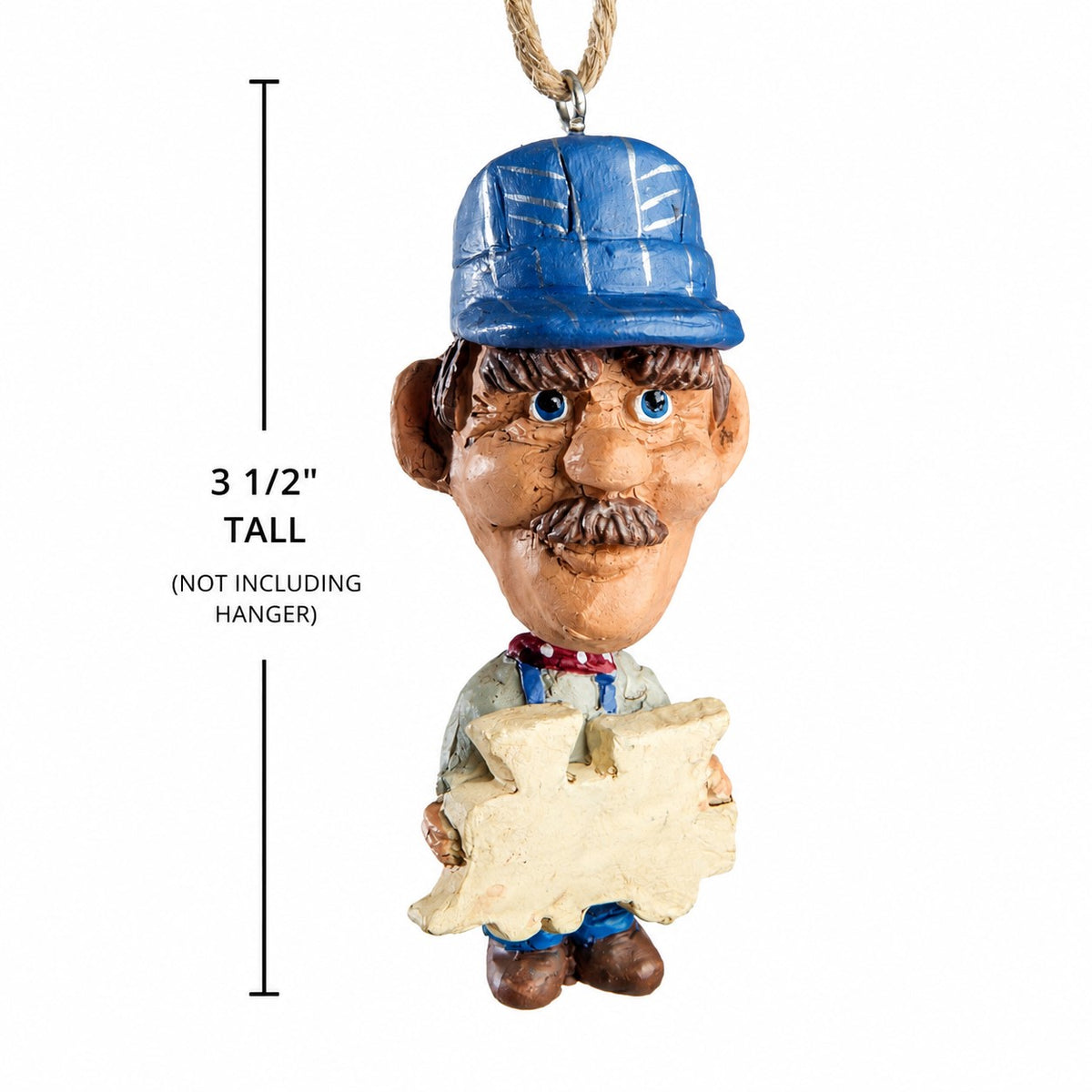 Bert Anderson train conductor ornament wearing a blue cap and holding a train-shaped sign, measuring 3½ inches tall.