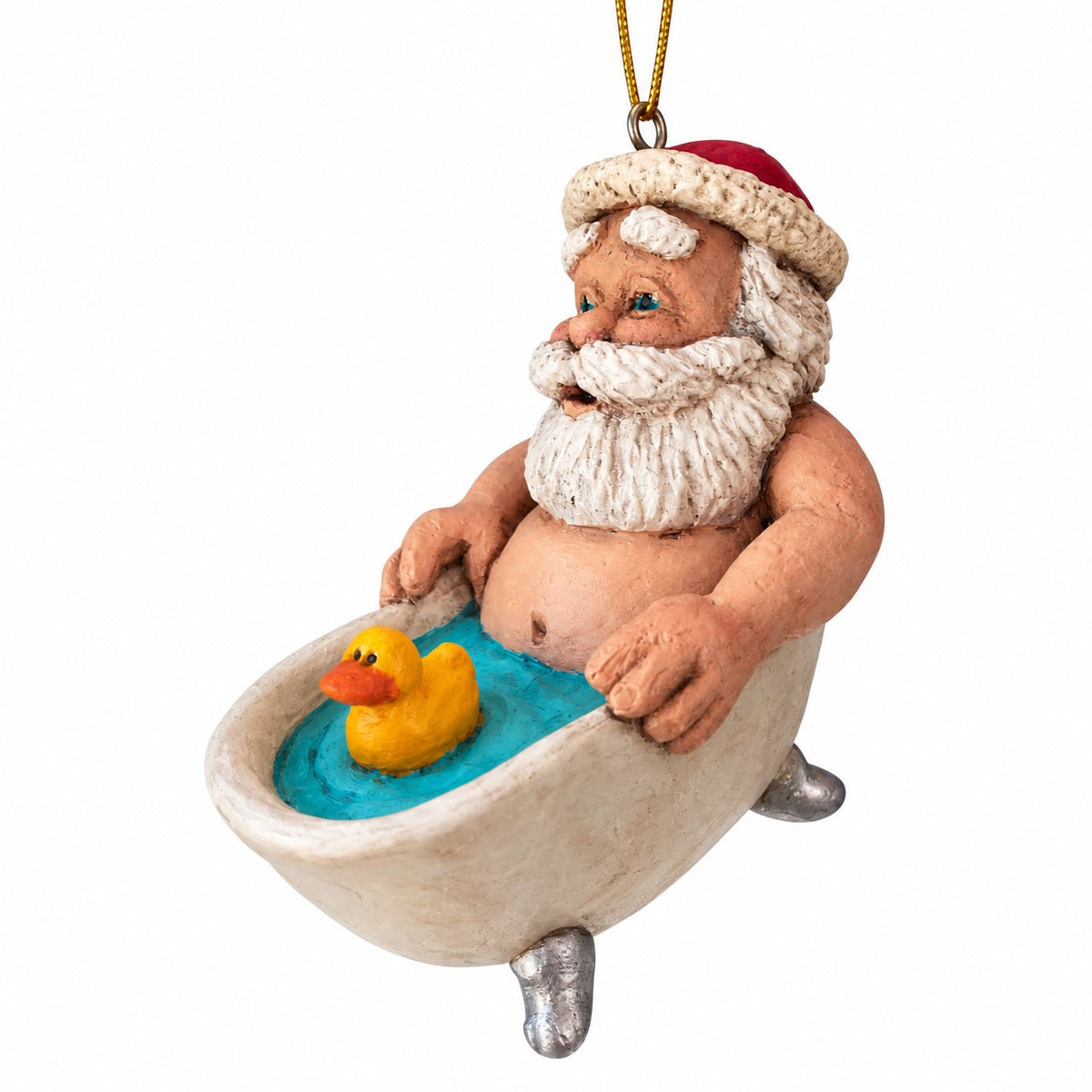 Bert Anderson Santa in a bathtub ornament with white beard, red Santa hat and yellow rubber duck on a white background.
