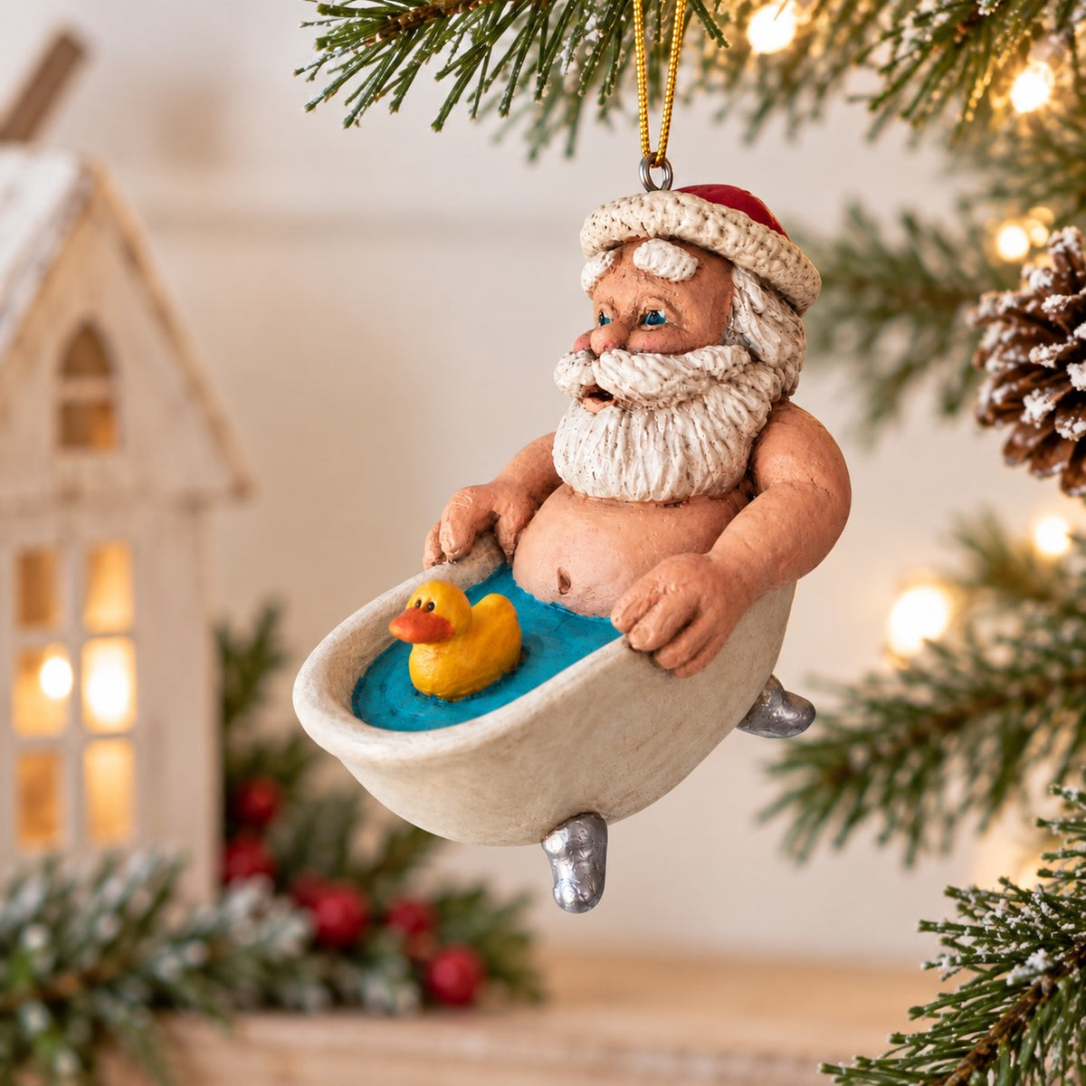 Bert Anderson Santa in a bathtub ornament with yellow rubber duck displayed in a bright Christmas home décor setting with greenery and warm lights