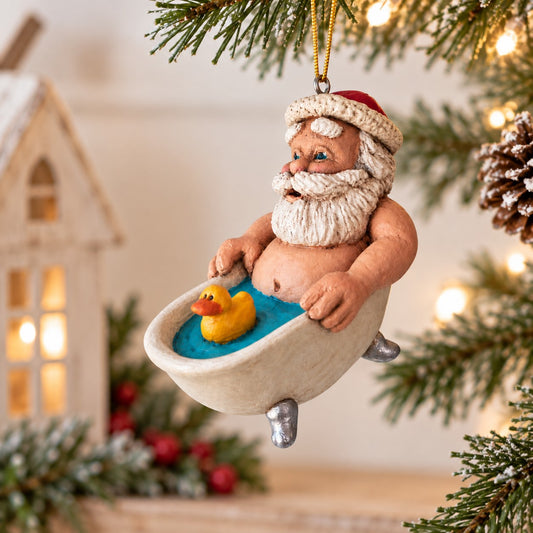 Bert Anderson Santa in a bathtub ornament with yellow rubber duck displayed in a bright Christmas home décor setting with greenery and warm lights