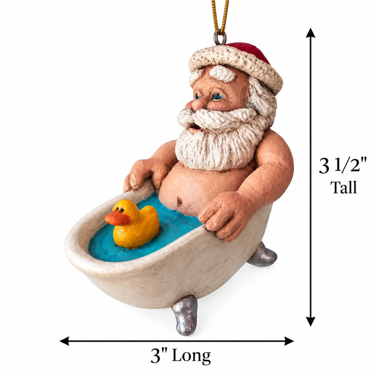 Bert Anderson Santa in a bathtub ornament with yellow rubber duck, showing measurements of 3½" tall and 3" long on a white background.
