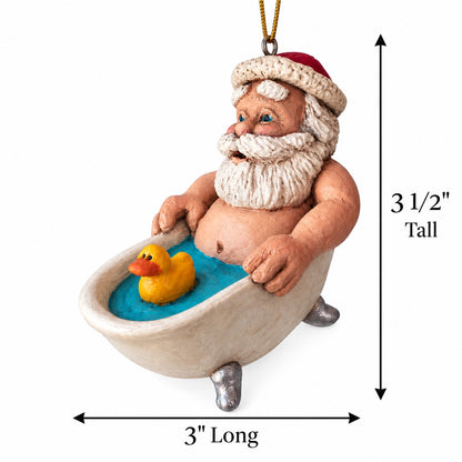 Bert Anderson Santa in a bathtub ornament with yellow rubber duck, showing measurements of 3½" tall and 3" long on a white background.