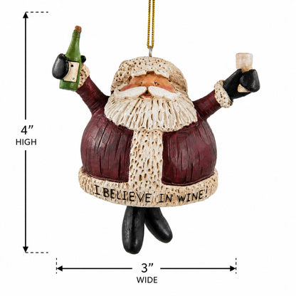 Bert Anderson “I Believe in Wine” Santa ornament measuring 4 inches high by 3 inches wide on a white background.