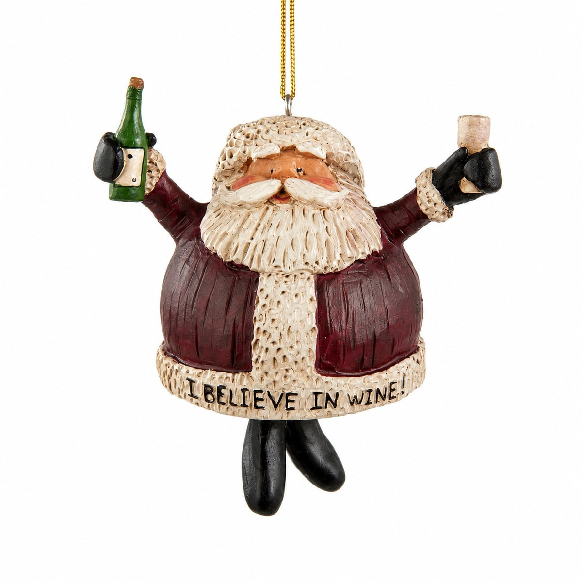 Bert Anderson “I Believe in Wine” Santa ornament holding a green wine bottle and wine glass with dangling black boots on a white background.