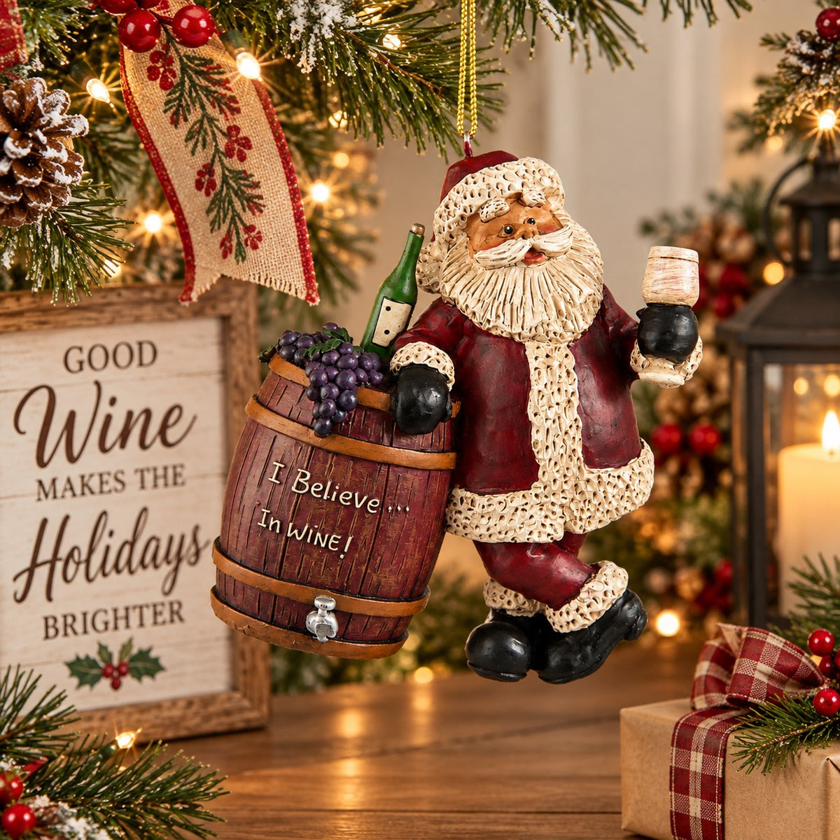 Bert Anderson Santa wine ornament with wine barrel, bottle, grapes and glass displayed in bright Christmas home décor.