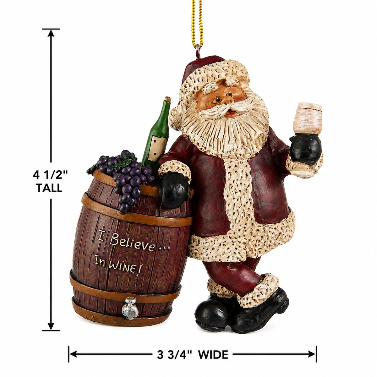 Bert Anderson Santa with wine barrel ornament measuring approximately 4½ inches tall and 3¾ inches wide.