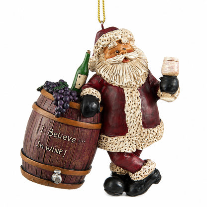 Bert Anderson Santa wine ornament with “I Believe in Wine” barrel, grapes, wine bottle and glass on a white background.