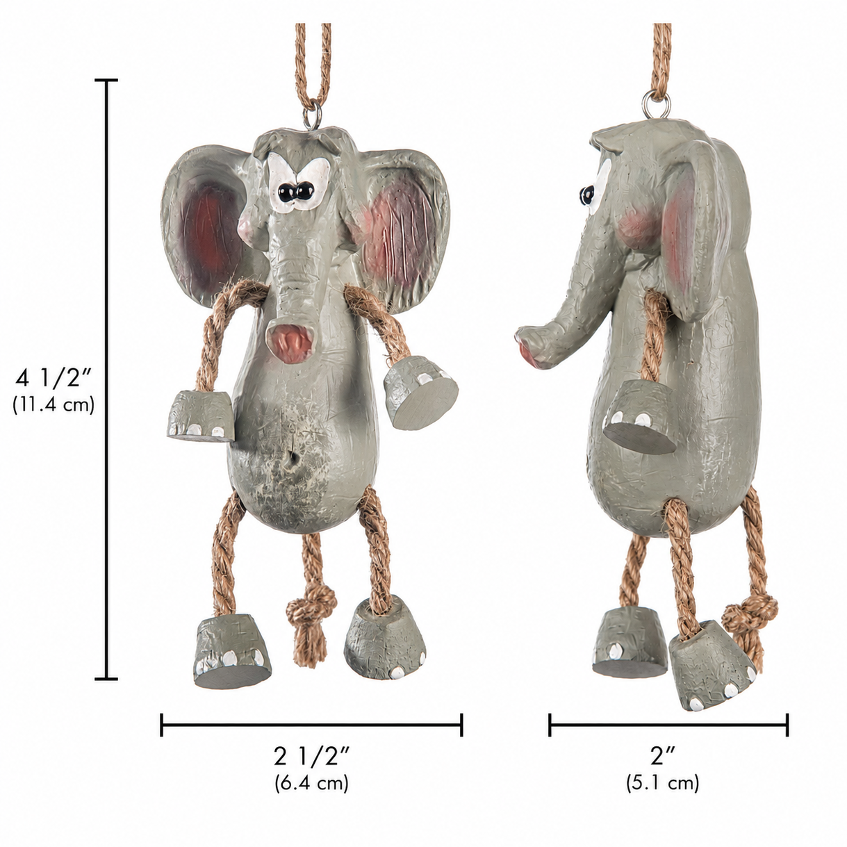 Elephant ornament with measurements on a white background