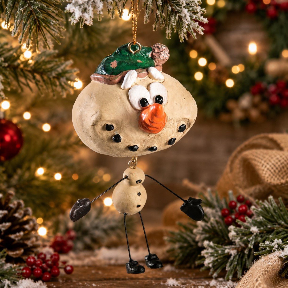 A resin Christmas snowman ornament hanging from a decorated Christmas tree. The ornament features a beige body, black stick-like limbs, a green hat, and a bright orange nose, set against a festive holiday background with warm lights and pine branches.