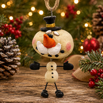 Snowman Ornament with Top Hat & Mustache - Wire Legs & Arms -Bac 005