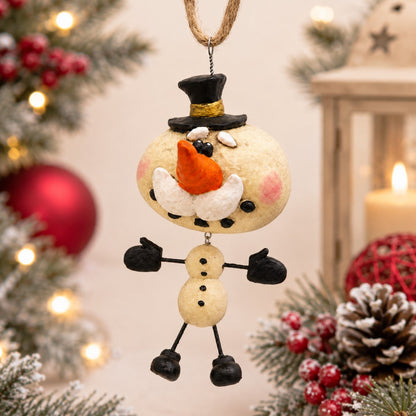 Snowman Ornament with Top Hat & Mustache - Wire Legs & Arms -Bac 005
