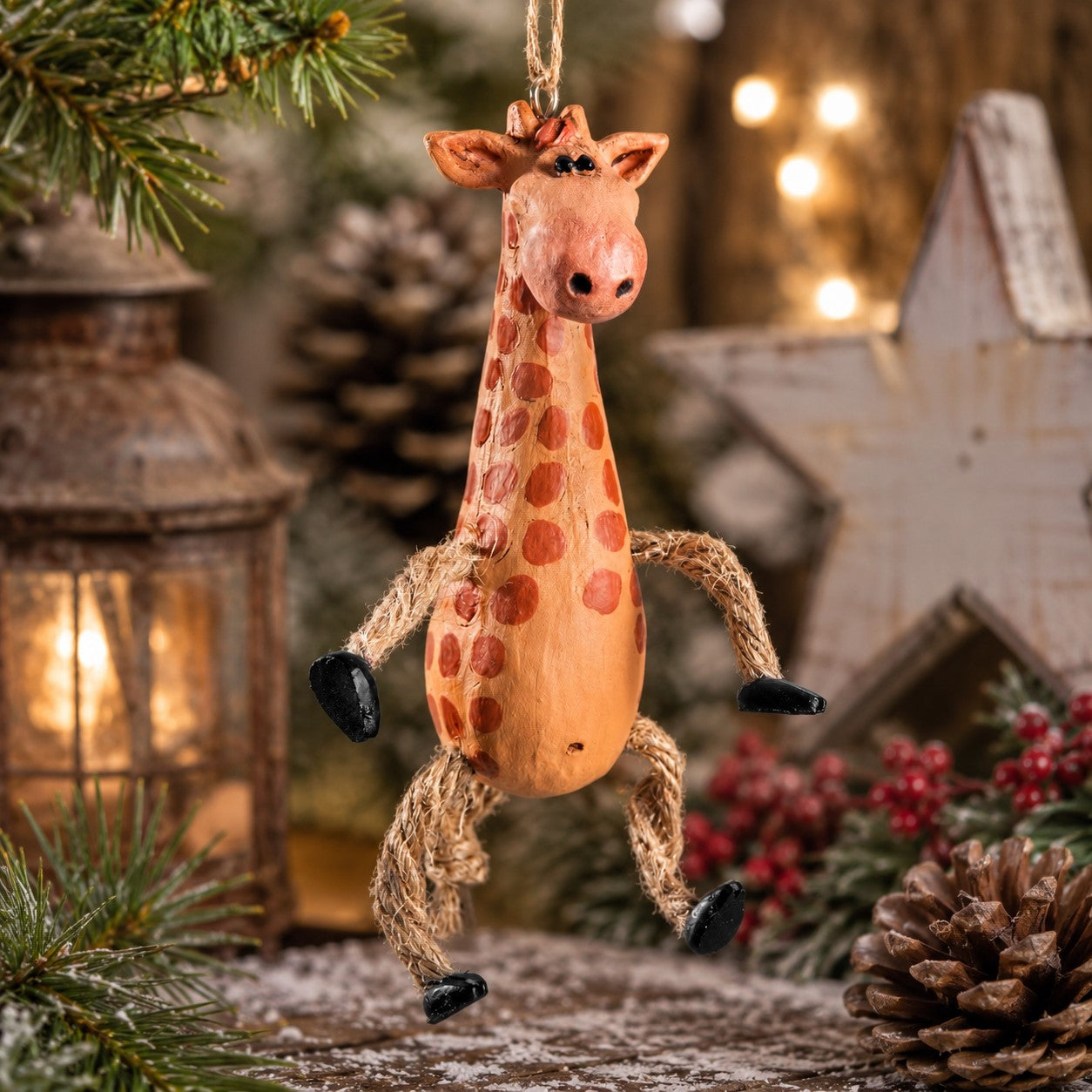 Giraffe hanging ornament with rope legs and black hooves, displayed in a cozy holiday setting with pine branches, a lantern, and warm string lights.