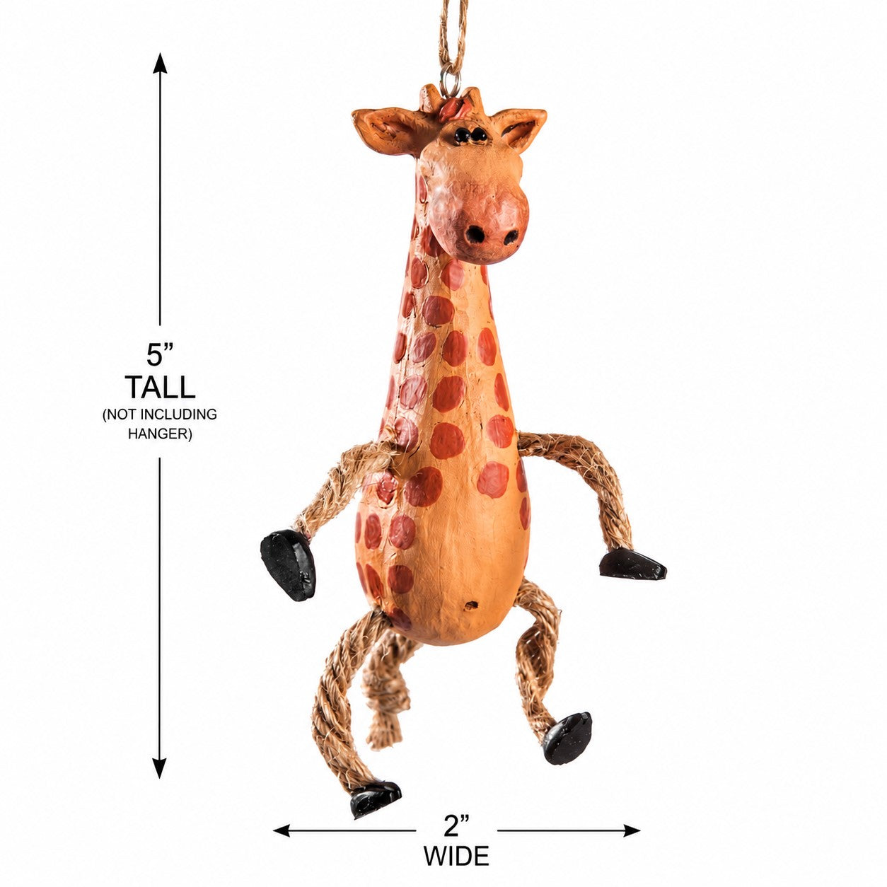 A resin giraffe hanging ornament with rope legs and black hooves, shown on a white background with dimension arrows indicating 5 inches tall and 2 inches wide.