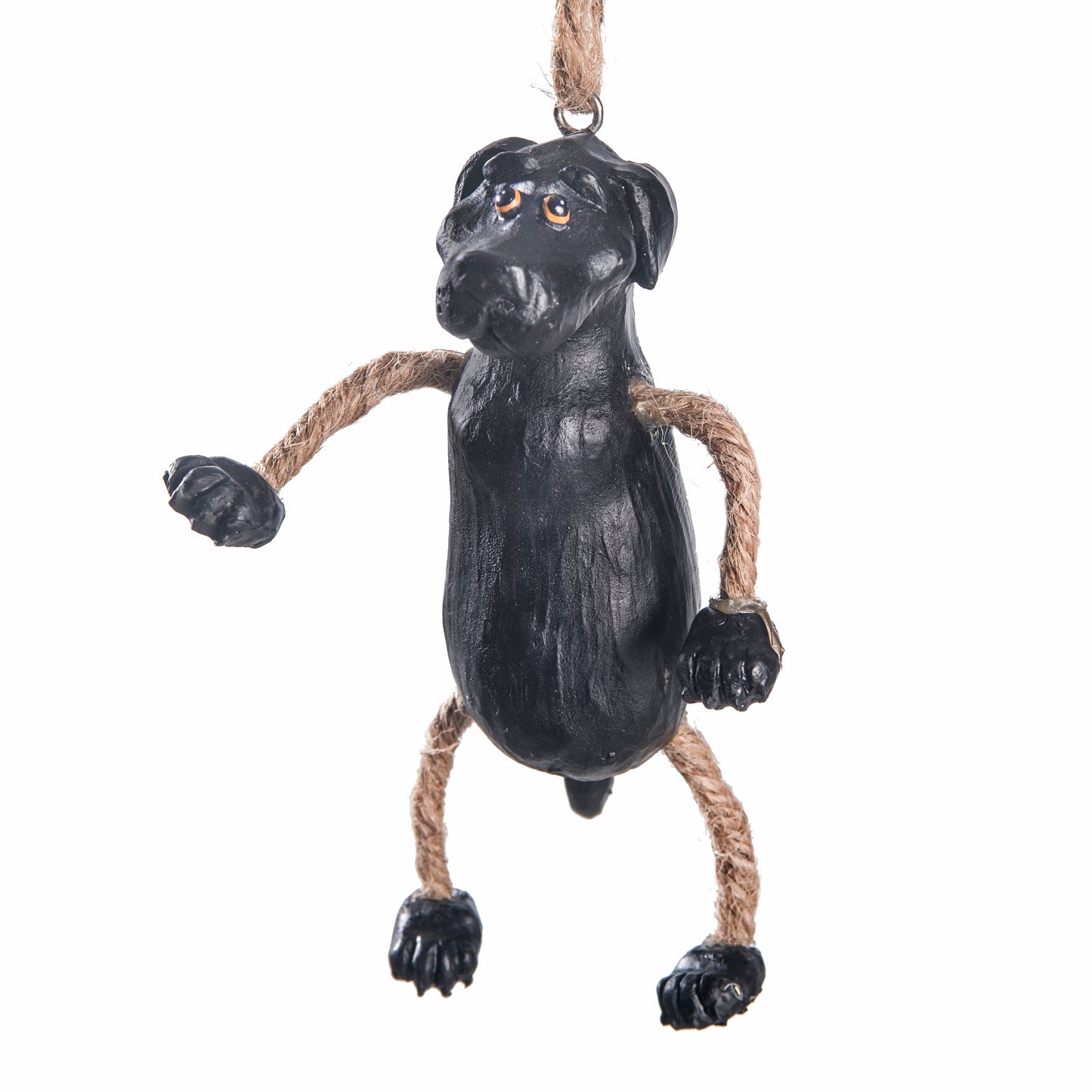 Black lab ornament hangingwith a white background