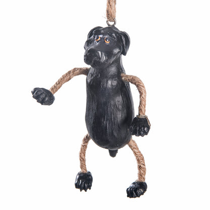 Black lab ornament hangingwith a white background