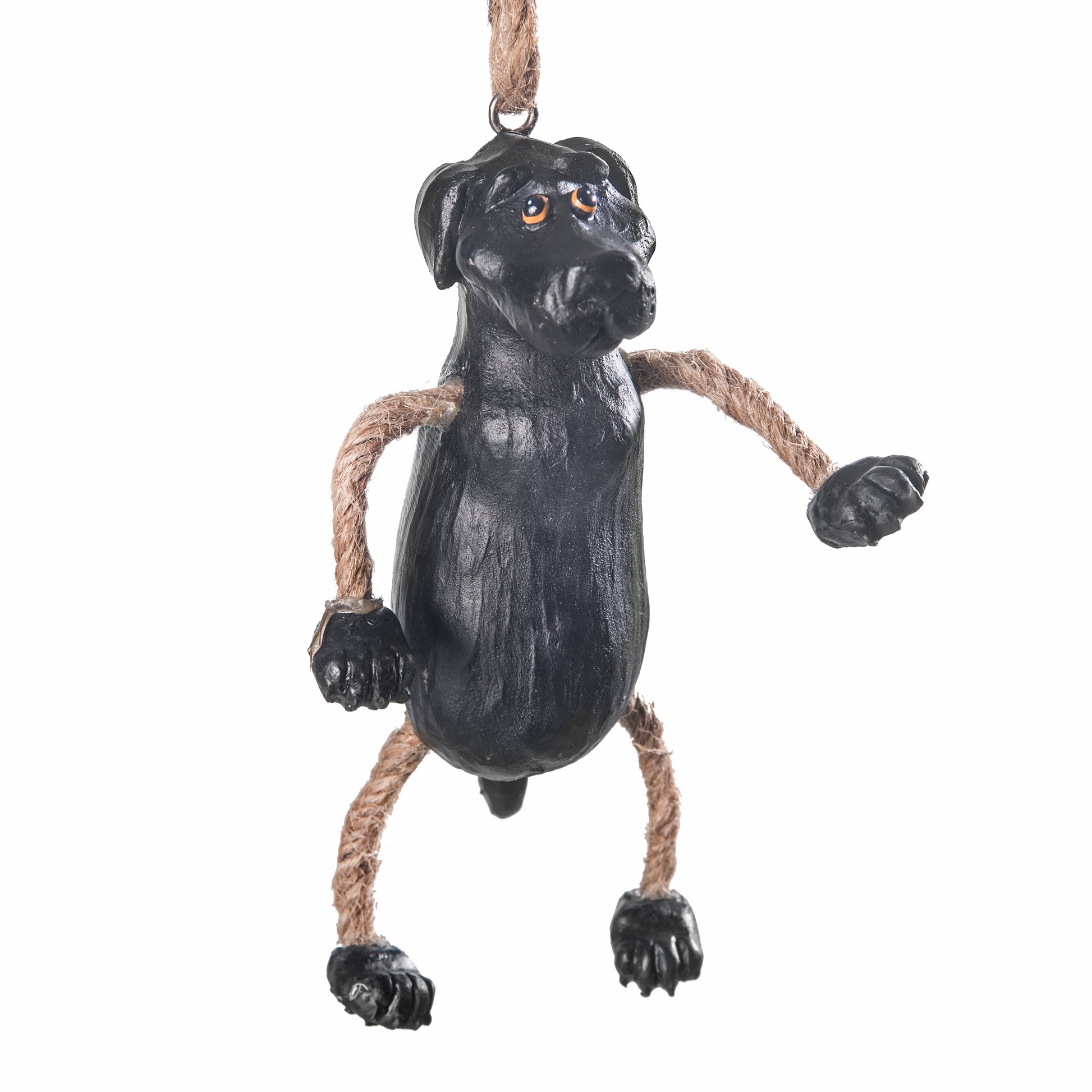 Black lab dor ornament with rope legs and arms on a white background
