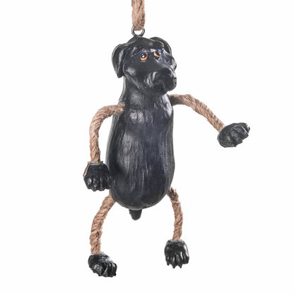 Black lab dor ornament with rope legs and arms on a white background