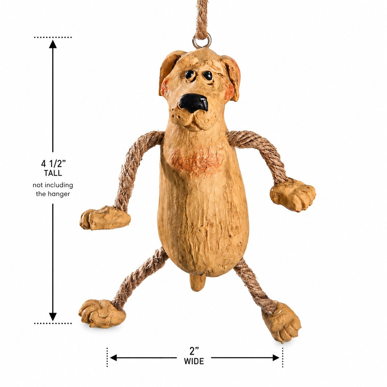 A hanging yellow labrador dog ornament with a white background with measurement arrows and text indicating 4 1/2 inches tall and 2 inches wide.