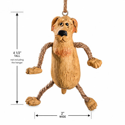 A hanging yellow labrador dog ornament with a white background with measurement arrows and text indicating 4 1/2 inches tall and 2 inches wide.